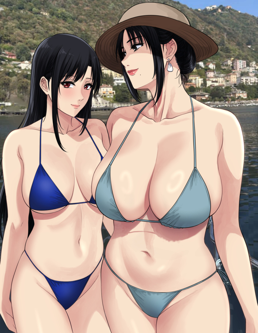 2girls bikini black_hair blush breasts cleavage highres huge_breasts large_breasts lips long_hair mature_female meme mole mole_under_mouth mom_and_her_daughter_(meme) mother_and_daughter multiple_girls navel naye_(xter) nush_(xter) original photo_inset red_eyes sidelocks swimsuit xter