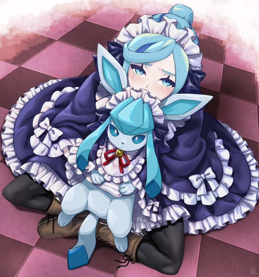 1boy alternate_costume aqua_eyes aqua_hair black_pantyhose blush boots brown_footwear checkered_floor clothed_pokemon commentary_request crossdressing dress enmaided eyelashes frilled_dress frills glaceon grusha_(pokemon) hair_bun highres looking_up maid male_focus min_(myna8247) pantyhose pokemon pokemon_(creature) pokemon_sv sitting tile_floor tiles