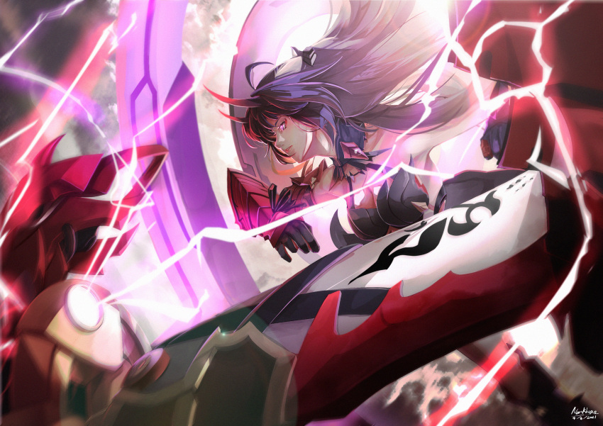 1girl 2021 absurdres ahoge armor armpit_crease artist_name bare_shoulders black_collar black_gloves breasts cleavage collar commentary criss-cross_halter dated disembodied_limb electricity english_commentary gloves hair_ornament halterneck highres holding holding_sword holding_weapon honkai_(series) honkai_impact_3rd horns large_breasts long_hair looking_ahead nonkhian parted_lips pauldrons purple_eyes purple_hair raiden_mei raiden_mei_(herrscher_of_thunder) red_horns scabbard sheath sheathed shoulder_armor sidelocks single_pauldron solo sword very_long_hair weapon