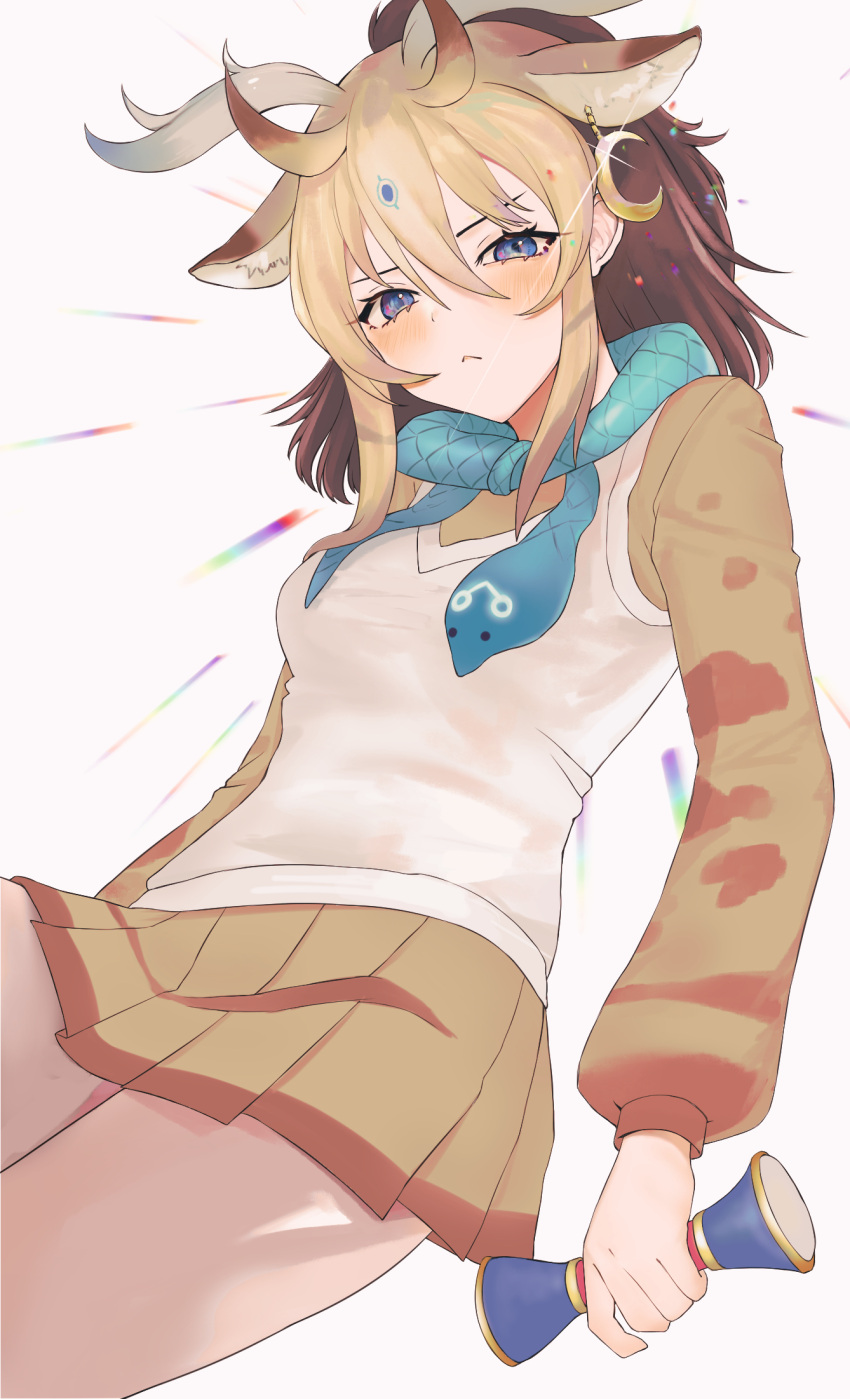 1girl :&lt; animal_ears beige_skirt beige_sweater blonde_hair blue_eyes blue_neckwear blush brown_hair cowboy_shot dnsdltkfkd drum earrings extra_ears eyebrows_visible_through_hair giraffe_ears giraffe_horns highres horns instrument jewelry kemono_friends long_sleeves moon_(ornament) pleated_skirt scarf short_hair sivatherium_(kemono_friends) skirt snake solo vest white_vest