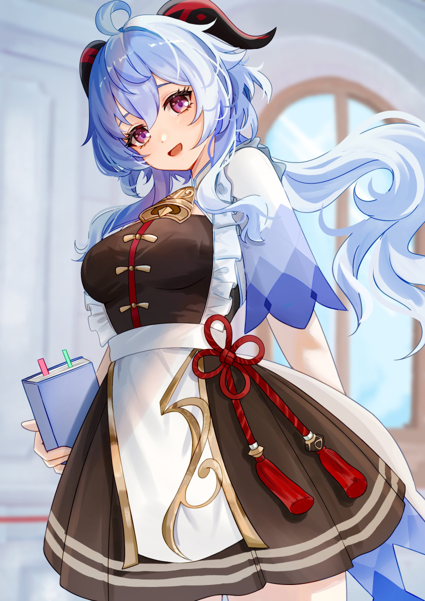 1girl :d absurdres adapted_costume ahoge black_dress book breasts commentary_request cowboy_shot dress ganyu_(genshin_impact) genshin_impact gnsn_tukituki highres holding holding_book horns indoors looking_at_viewer medium_breasts open_mouth short_sleeves smile solo standing