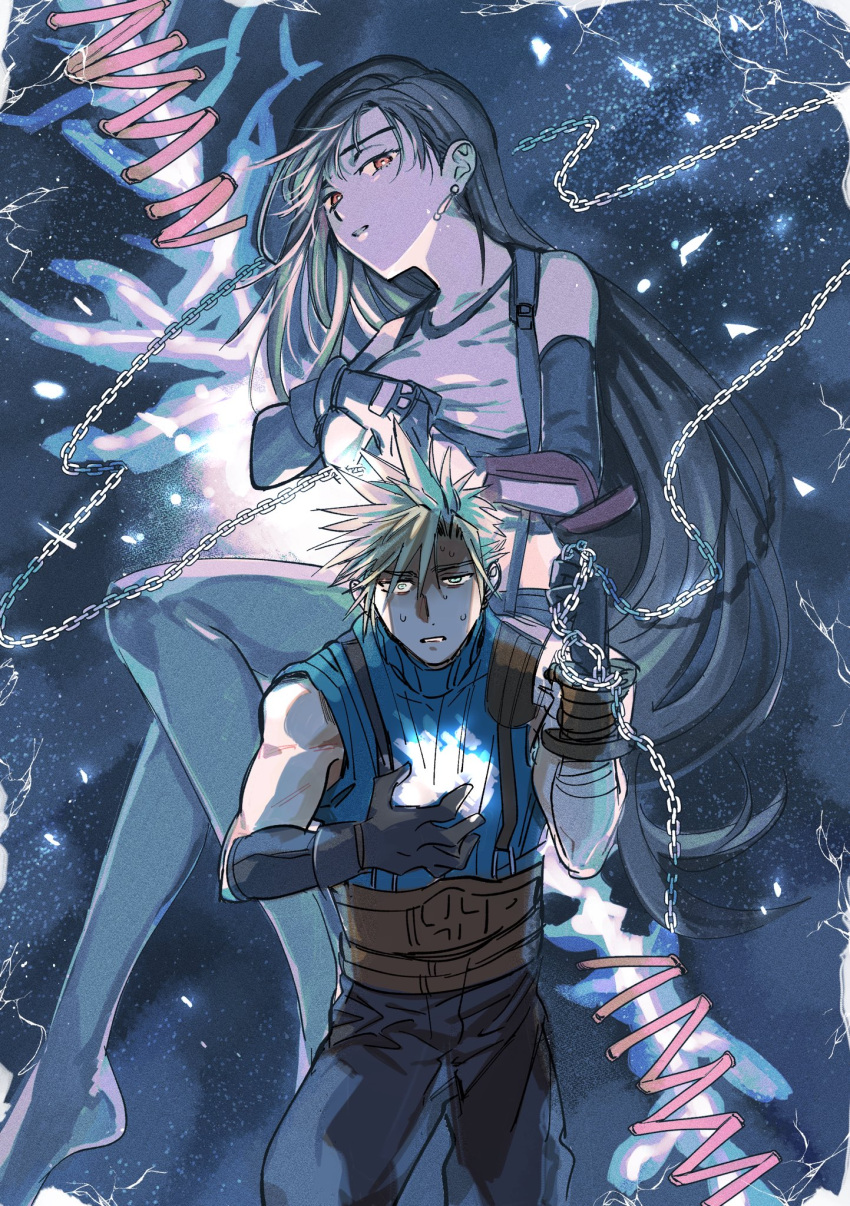 1boy 1girl armor baggy_pants bare_shoulders black_gloves black_hair black_skirt black_thighhighs blonde_hair blue_eyes chain cloud_strife commentary_request crop_top earrings elbow_gloves feet_out_of_frame final_fantasy final_fantasy_vii final_fantasy_vii_rebirth final_fantasy_vii_remake gloves hand_on_own_chest highres holding holding_chain jewelry light_particles long_hair looking_at_viewer mrg2by pants parted_lips red_eyes ribbed_sweater short_hair shoulder_armor single_bare_shoulder single_earring skirt sleeveless sleeveless_turtleneck spiked_hair suspender_skirt suspenders sweatdrop sweater tank_top thighhighs tifa_lockhart turtleneck turtleneck_sweater very_long_hair white_tank_top