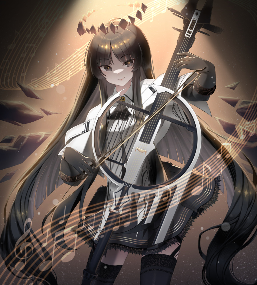 1girl arknights ascot black_ascot black_garter_straps black_gloves black_hair black_skirt black_thighhighs bow_(music) broken_halo brown_eyes brown_hair brown_halo brown_wings cello closed_mouth collared_jacket colored_inner_hair commentary contrapposto cowboy_shot dark_halo detached_wings diamond-shaped_pupils diamond_(shape) energy_wings eyelashes garter_straps gloves halo hands_up highres holding holding_bow_(music) holding_instrument instrument jacket lace-trimmed_skirt lace_trim layered_sleeves light_particles long_sleeves looking_at_viewer miniskirt mole mole_under_eye multicolored_hair music musical_note playing_instrument rinzy short-sleeved_jacket short_over_long_sleeves short_sleeves skirt smile solo spotlight staff_(music) standing strap symbol-shaped_pupils thighhighs two-tone_hair variant_set virtuosa_(arknights) white_jacket wide_sleeves wing_collar wings yellow_pupils