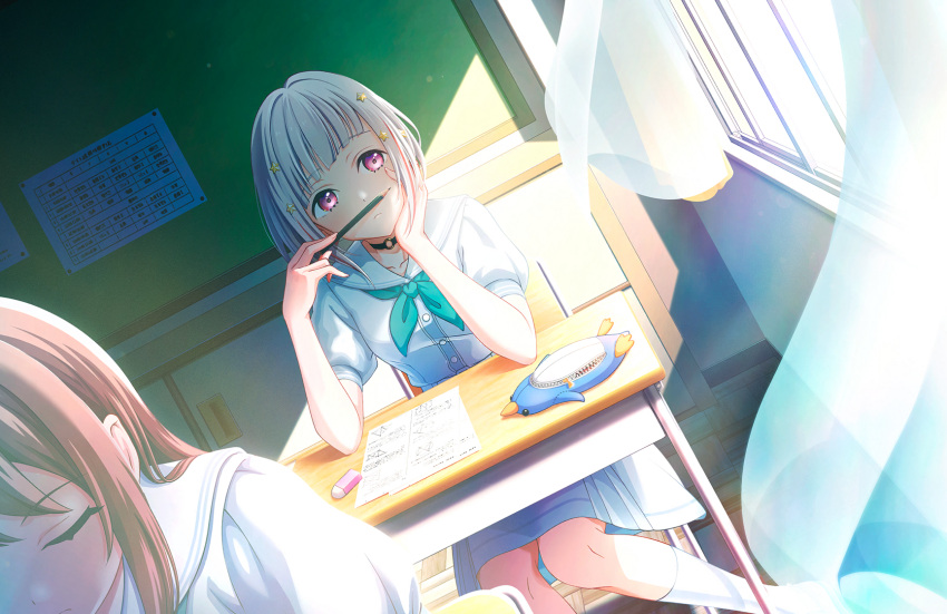 2girls ankle_socks aqua_neckerchief black_choker bob_cut bulletin_board chair choker classroom closed_mouth colored_inner_hair desk diagonal_bangs dress eraser frown game_cg grey_hair hair_ornament hasu_no_sora_school_uniform highres holding holding_pencil indoors inverted_bob link!_like!_love_live! looking_to_the_side love_live! medium_dress multicolored_hair multiple_girls neckerchief o-ring o-ring_choker official_art on_chair paper pencil pencil_case pleated_dress red_eyes red_hair sailor_collar sailor_dress school_chair school_desk school_uniform short_hair short_sleeves sideways_glance sitting socks solo_focus star_(symbol) star_hair_ornament streaked_hair summer_uniform third-party_source virtual_youtuber white_dress white_sailor_collar white_socks wooden_pencil yugiri_tsuzuri