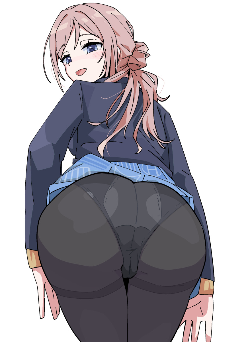 1girl absurdres ass ass_focus black_pantyhose blazer blue_jacket blue_skirt blush brown_hair cameltoe clothes_lift gakuen_idolmaster highres himesaki_rinami idolmaster jacket long_sleeves looking_at_viewer looking_back ohgi910 panties panties_under_pantyhose pantyhose school_uniform simple_background skirt skirt_lift smile solo underwear white_background