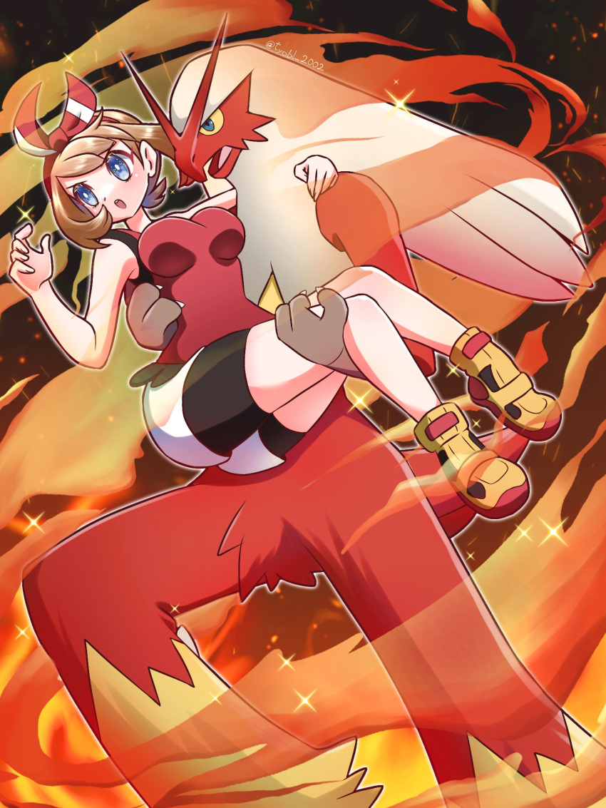 1girl bike_shorts black_shorts blaziken blue_eyes bow breasts brown_hair carrying commentary_request fire full_body hair_bow highres may_(pokemon) open_mouth pokemon pokemon_(creature) pokemon_oras princess_carry red_bow red_shirt shirt shoes shorts sleeveless sleeveless_shirt twitter_username tyobi_2002 yellow_footwear