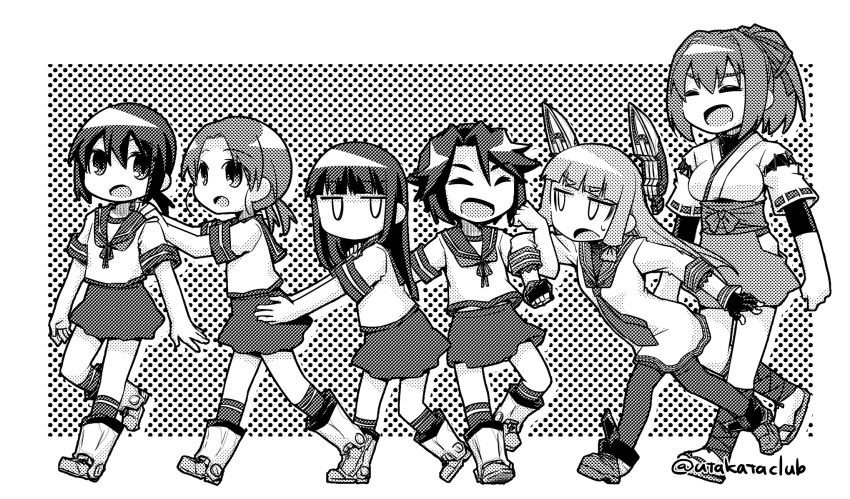 0_0 6+girls breasts dress fubuki_(kancolle) greyscale hakama hakama_skirt hatsuyuki_(kancolle) headgear highres ise_(kancolle) japanese_clothes kantai_collection low_ponytail low_twintails medium_breasts miyuki_(kancolle) momoi_ryouta monochrome multiple_girls murakumo_(kancolle) pantyhose pleated_skirt ponytail sailor_collar sailor_dress sailor_shirt school_uniform serafuku shirayuki_(kancolle) shirt short_hair skirt smile twintails