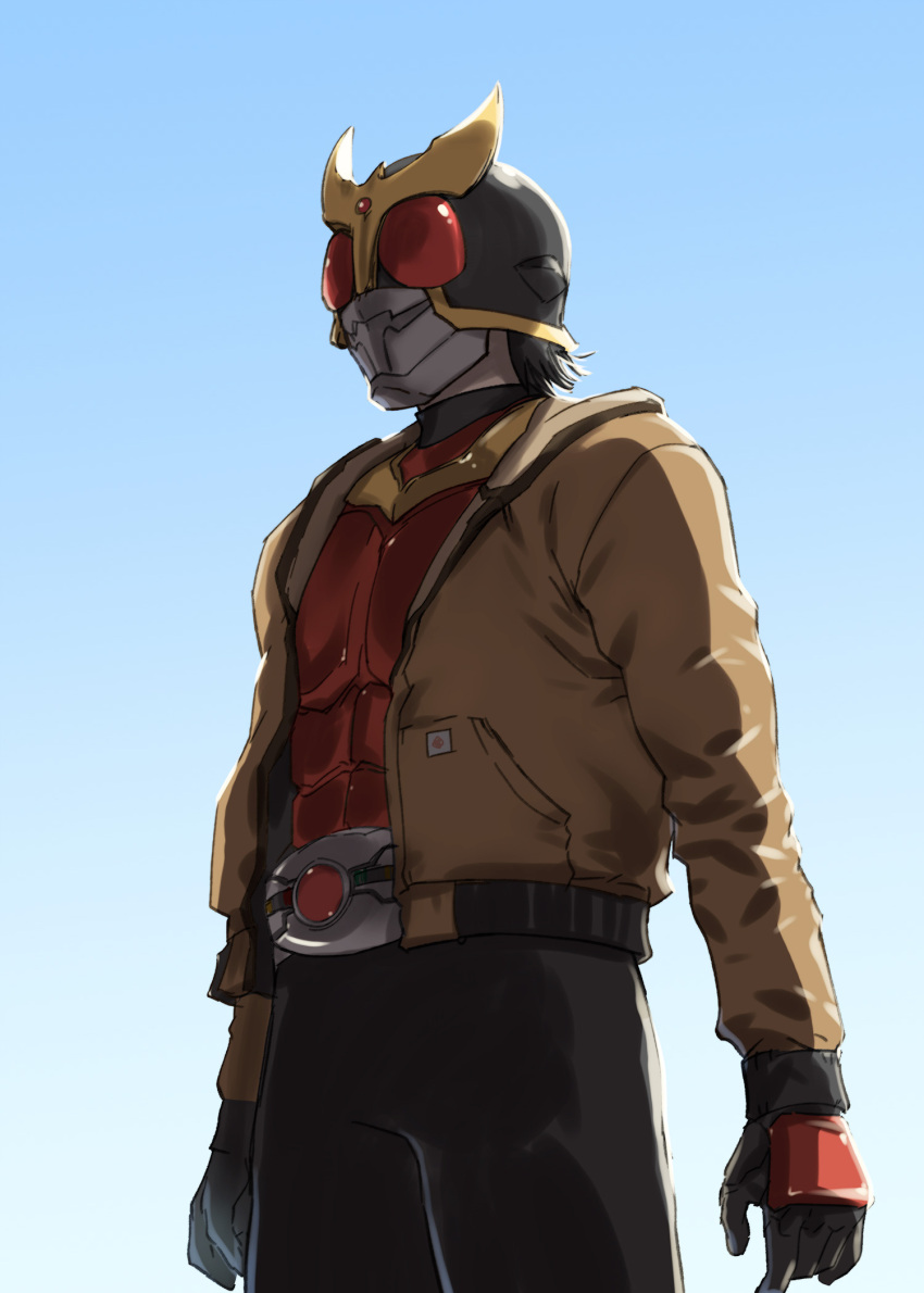 1boy arcle_(kuuga) armor belt black_hair gloves helmet highres horns jacket kamen_rider kamen_rider_kuuga kamen_rider_kuuga_(series) male_focus mask multiple_boys open_clothes open_jacket red_armor red_eyes rider_belt shin_kamen_rider short_hair solo standing tokusatsu ueyama_michirou