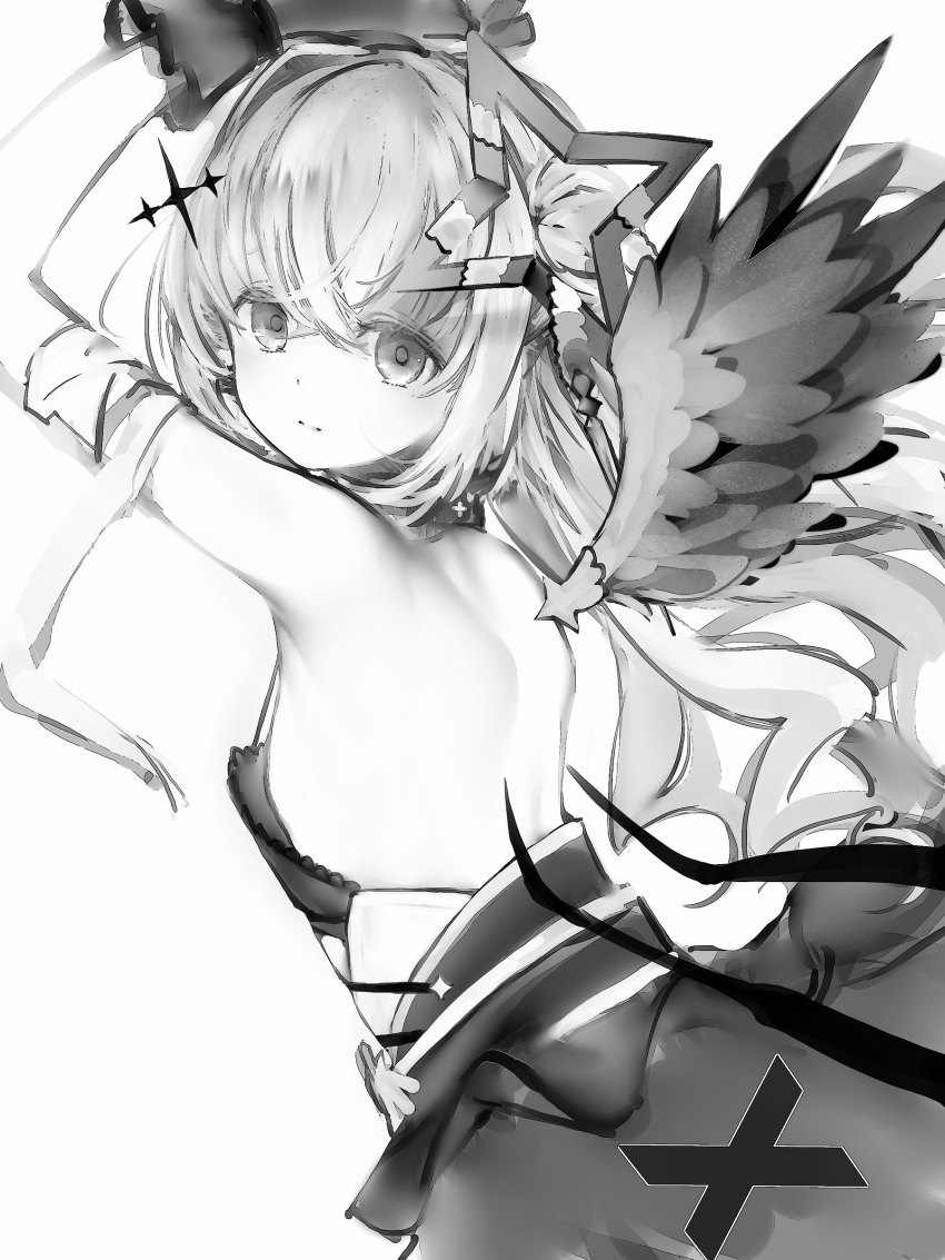 1girl absurdres amane_kanata amane_kanata_(another_world) arms_up backless_outfit bandaged_arm bandages bare_back bare_shoulders breasts detached_wings feathered_wings greyscale hair_between_eyes halo highres hololive long_hair looking_at_viewer monochrome nanashi_(nlo) official_alternate_costume official_alternate_hair_length official_alternate_hairstyle simple_background single_hair_intake small_breasts solo star_halo virtual_youtuber wings