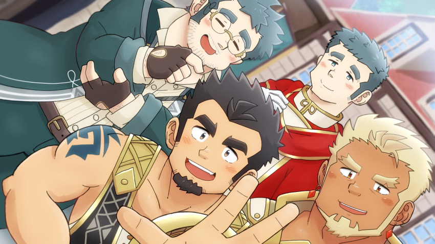 4boys =_= beard black_hair blonde_hair blurry blurry_background blush closed_eyes crave_saga dark-skinned_male dark_skin earrings excalibur_(crave_saga) eyebrow_cut facial_hair fingerless_gloves forked_eyebrows glasses gloves goatee highres jeffrey_(crave_saga) jeron_(crave_saga) jewelry long_sideburns looking_at_viewer male_focus mature_male multiple_boys muscular muscular_male mustache_stubble protagonist_(crave_saga) reaching reaching_towards_viewer round_eyewear ruminalia243262 short_hair shoulder_tattoo sideburns smile stubble tattoo thick_eyebrows