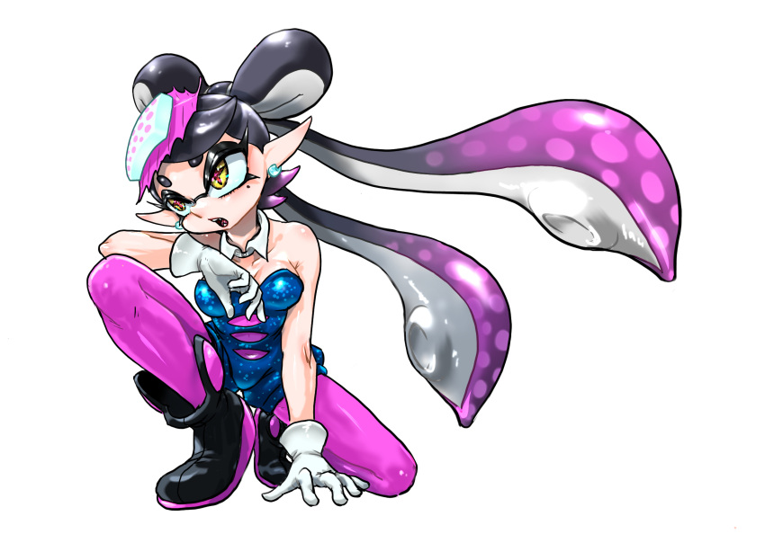 1girl ankle_boots bare_shoulders black_hair blue_jumpsuit boots bow-shaped_hair breasts callie_(splatoon) cleavage collarbone cross-shaped_pupils detached_collar earrings fangs food food_on_head gloves gradient_hair highres inkling jewelry jumpsuit koharu2.5 long_hair medium_breasts mole mole_under_eye multicolored_hair object_on_head on_one_knee open_mouth pantyhose pink_hair pink_pantyhose pointy_ears red_pupils short_eyebrows short_jumpsuit simple_background solo splatoon_(series) splatoon_1 suction_cups symbol-shaped_pupils tentacle_hair two-tone_hair very_long_hair white_background white_gloves yellow_eyes