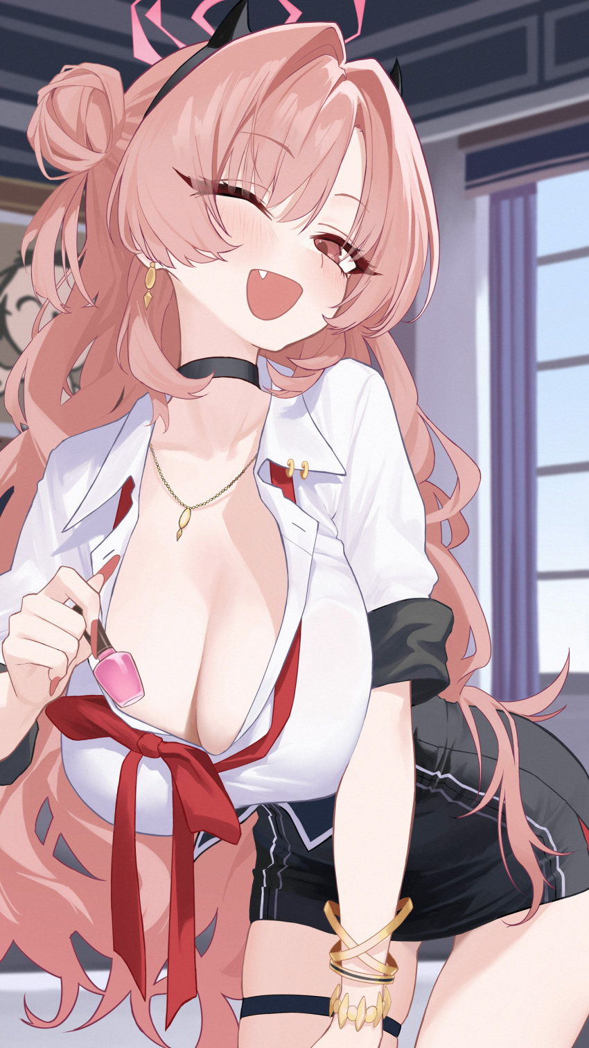 1girl absurdres black_hairband black_horns blue_archive blush breasts cleavage double_bun fake_horns hair_bun hairband highres horns huge_breasts kirara_(blue_archive) long_hair looking_at_viewer one_eye_closed open_mouth pink_eyes pink_hair shou_xun_bu_liang smile solo thighs two_side_up
