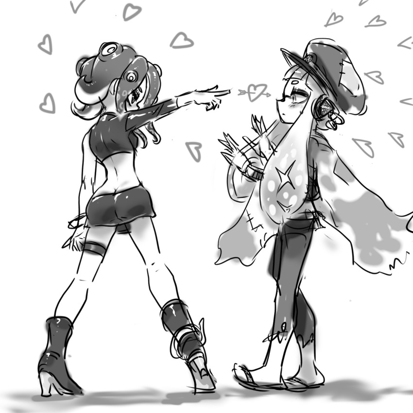 2girls agent_3_(splatoon) agent_8_(splatoon) arrow_through_heart boots butt_crack crop_top eye_contact hat headgear heart high_heel_boots high_heels highres inkling_girl inkling_player_character koharu2.5 leggings legs_apart long_hair looking_at_another miniskirt monochrome multiple_girls octoling octoling_girl octoling_player_character patchwork_clothes peaked_cap poncho sandals simple_background single_sleeve skirt splatoon_(series) splatoon_2 splatoon_2:_octo_expansion splatoon_3 squidbeak_splatoon standing suction_cups tentacle_hair thigh_strap torn_clothes torn_leggings white_background yuri