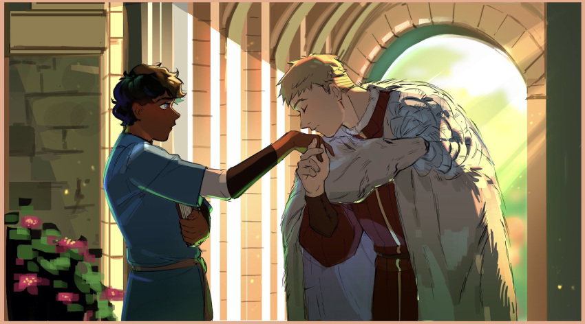 2boys arch blonde_hair blue_eyes book brown_hair bush cloak closed_eyes closed_mouth dark-skinned_male dark_skin dungeon_meshi english_commentary fur-trimmed_cloak fur_trim hand_grab hand_up highres holding holding_book imminent_kiss kabru laios_touden long_sleeves looking_at_another male_focus multiple_boys outdoors pelt puffy_long_sleeves puffy_sleeves short_hair sunlight sweepswoop tunic undercut upper_body very_short_hair yaoi