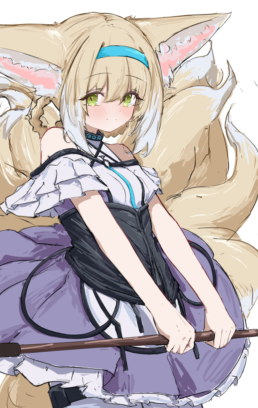 1girl absurdres animal_ear_fluff animal_ears arknights bare_shoulders blue_hairband braid breasts brown_hair closed_mouth commentary_request fox_ears fox_tail frilled_skirt frills green_eyes hair_between_eyes hair_rings hairband highres holding kitsune looking_at_viewer pantyhose pleated_skirt purple_skirt shirt simple_background skirt small_breasts smile solo suzuran_(arknights) tail tobildesu twin_braids white_background white_pantyhose white_shirt