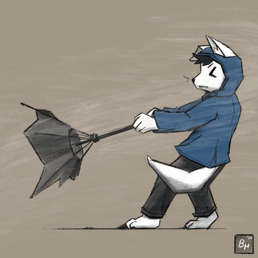 anthro bruno_borker canid canine canis clothed clothing coat hi_res male mammal raincoat simple_background solo tail topwear umbrella wind wolf