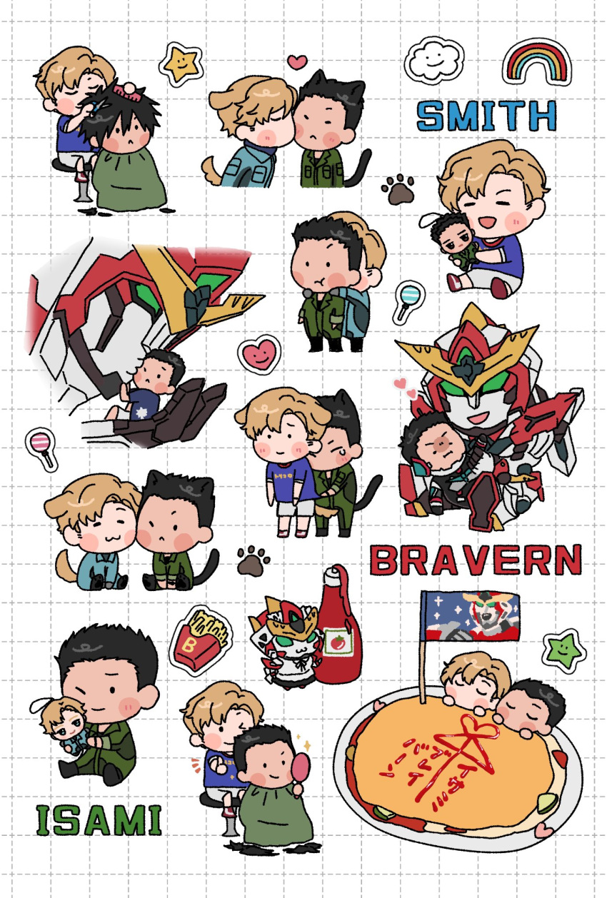 2boys :3 ^3^ ai_ai_gasa animal_ears ao_isami black_hair blonde_hair blue_shirt blush_stickers bravern candy cat_boy cat_ears cat_tail character_name chibi closed_eyes cloud couple cutting_hair dog_boy dog_ears dog_tail flag food french_fries grid_background heart highres hug hug_from_behind in_palm ketchup kiss kissing_cheek kry_iyu lewis_smith lollipop looking_at_mirror male_focus military_uniform mirror multiple_boys omelet one_eye_closed paw_print pilot_suit shirt short_hair sitting sleeping sparkle star_(symbol) tail tearing_up uniform yaoi yuuki_bakuhatsu_bang_bravern