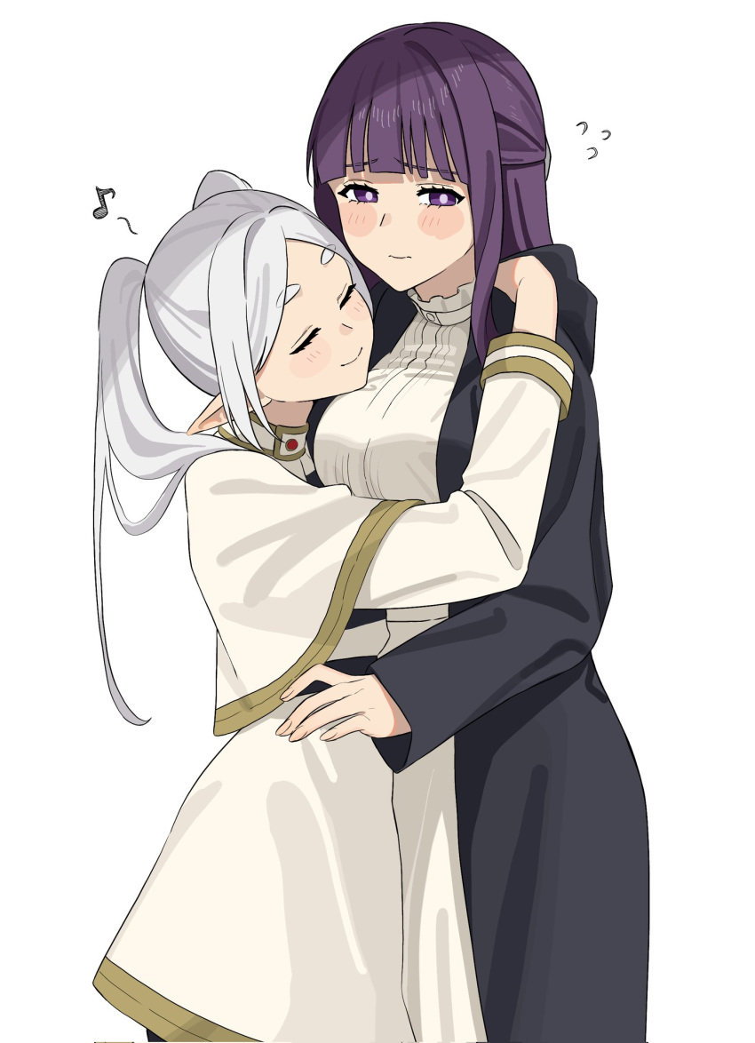 2girls blunt_bangs blush blush_stickers breasts cloak closed_eyes elf flying_sweatdrops frieren grey_hair highres hikentai0112 hikimayu hood hooded_cloak hug long_hair multiple_girls musical_note parted_bangs pointy_ears purple_eyes purple_hair simple_background sousou_no_frieren twintails white_background