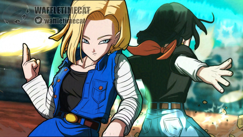 android android_17 android_18 black_hair black_shirt blonde_hair blue_jacket dragon_ball dragon_ball_fighterz dragon_ball_z energy highres jacket shirt siblings twins