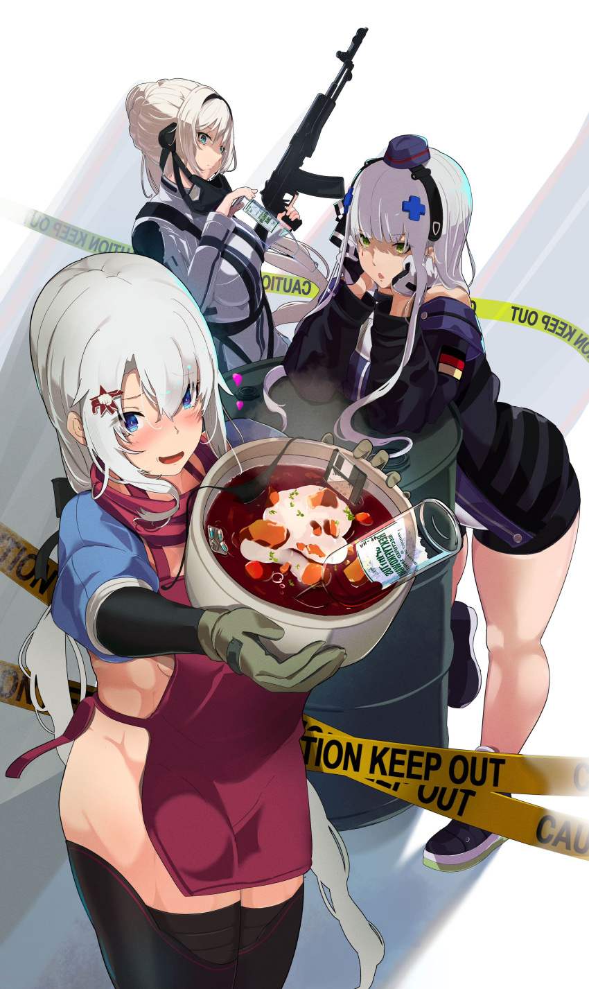 3girls 9a-91 9a-91_(girls'_frontline) absurdres alcohol an-94 an-94_(girls'_frontline) apron aqua_eyes assault_rifle bad_food black_hairband black_jacket black_panties black_shorts black_thighhighs blue_eyes blue_shrug blush bowl carrot caution_tape chestnut_mouth coat cooking_pot cowboy_shot drugs drum_(container) floppy_disk garnish garrison_cap german_flag girls'_frontline glass_bottle gloves green_eyes green_gloves grey_hair gun hair_between_eyes hair_bun hair_ornament hairband hairclip half_gloves hat head_on_hand heart highres hk416_(girls'_frontline) holding holding_bowl holding_cooking_pot holding_gun holding_weapon jacket leaning_forward long_bangs long_hair mask mouth_mask multiple_girls nearly_naked_apron nervous_smile panties parted_bangs partially_shaded_face patch pez_(pezqaq1) pill potato red_apron rifle shoes shorts shoulder_patch shrug_(clothing) sidelocks smile sneakers standing staring stew thick_thighs thighhighs thighs underwear unworn_panties very_long_hair vodka weapon white_background white_coat white_gloves white_hair x_hair_ornament