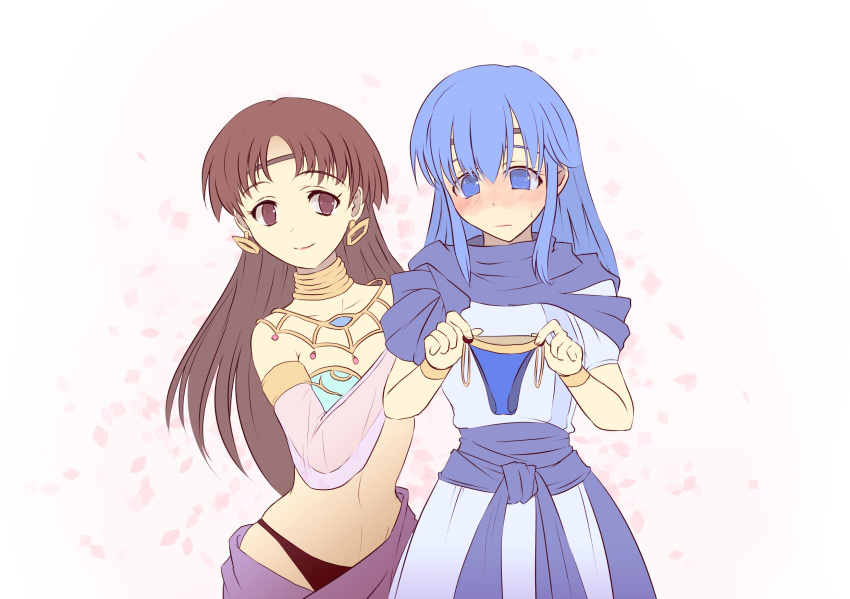 2girls blue_dress blue_eyes blue_hair blush brown_eyes brown_hair circlet collarbone dancer dress earrings enteh fermelle full-face_blush highres holding holding_clothes holding_panties holding_underwear jewelry long_hair multiple_girls neck_ring panties plum_(tear_ring_saga) red_panties scarf see-through see-through_sleeves short_sleeves simple_background tear_ring_saga tear_ring_saga:_utna_heroes_saga underwear white_background