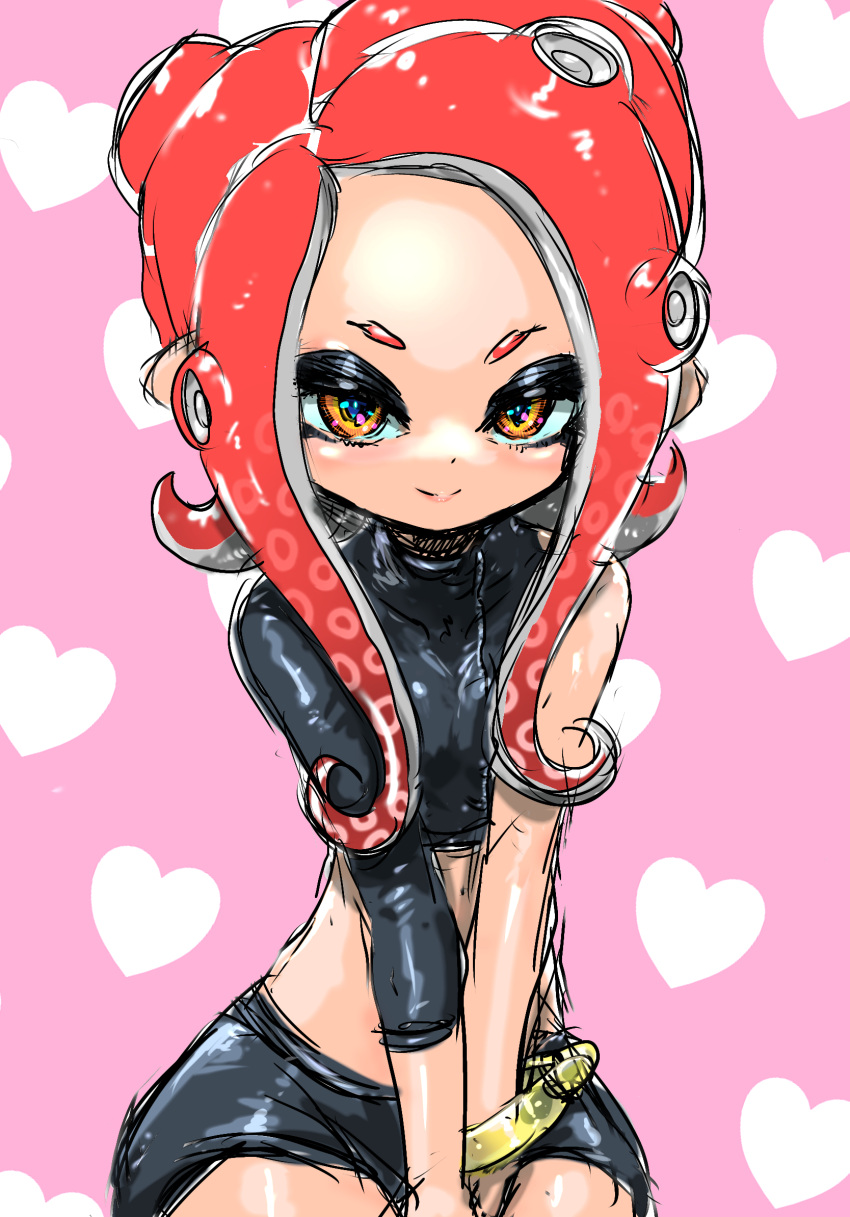 1girl agent_8_(splatoon) black_shirt black_skirt closed_mouth covered_collarbone crop_top heart heart_background highres koharu2.5 long_hair looking_at_viewer miniskirt octoling octoling_girl octoling_player_character orange_eyes red_hair shirt single_bare_shoulder single_sleeve skirt smile solo splatoon_(series) splatoon_2 splatoon_2:_octo_expansion split_mouth suction_cups tentacle_hair v_arms