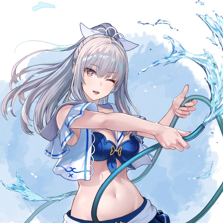 1girl bare_shoulders bikini blue_bikini bow breasts commentary final_fantasy final_fantasy_brave_exvius glaciela_wezette grey_hair hair_between_eyes hair_bow hair_ornament high_ponytail highres hirono_(hxze4434) holding holding_hose hose large_breasts long_hair looking_at_viewer navel official_alternate_costume official_alternate_hairstyle one_eye_closed open_mouth outstretched_arm ponytail red_eyes sidelocks solo stomach sweatdrop swimsuit upper_body war_of_the_visions:_final_fantasy_brave_exvius water wet white_bow