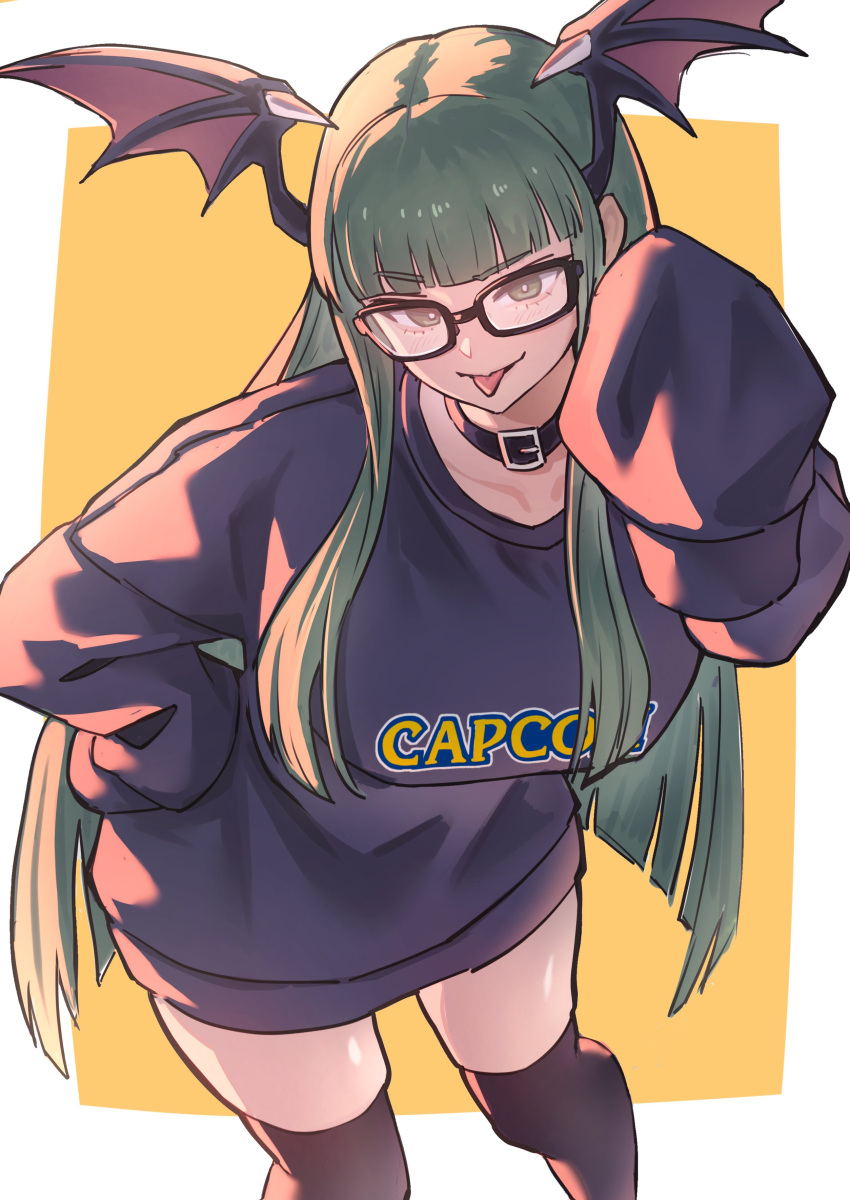 1girl absurdres ap_cammy bespectacled black-framed_eyewear black_thighhighs blunt_bangs breasts capcom clothes_writing collar cowboy_shot demon_wings glasses green_eyes green_hair hand_on_own_hip head_wings highres hime_cut looking_at_viewer morrigan_aensland sleeves_past_fingers sleeves_past_wrists smile solo thighhighs tongue tongue_out vampire_(game) wings