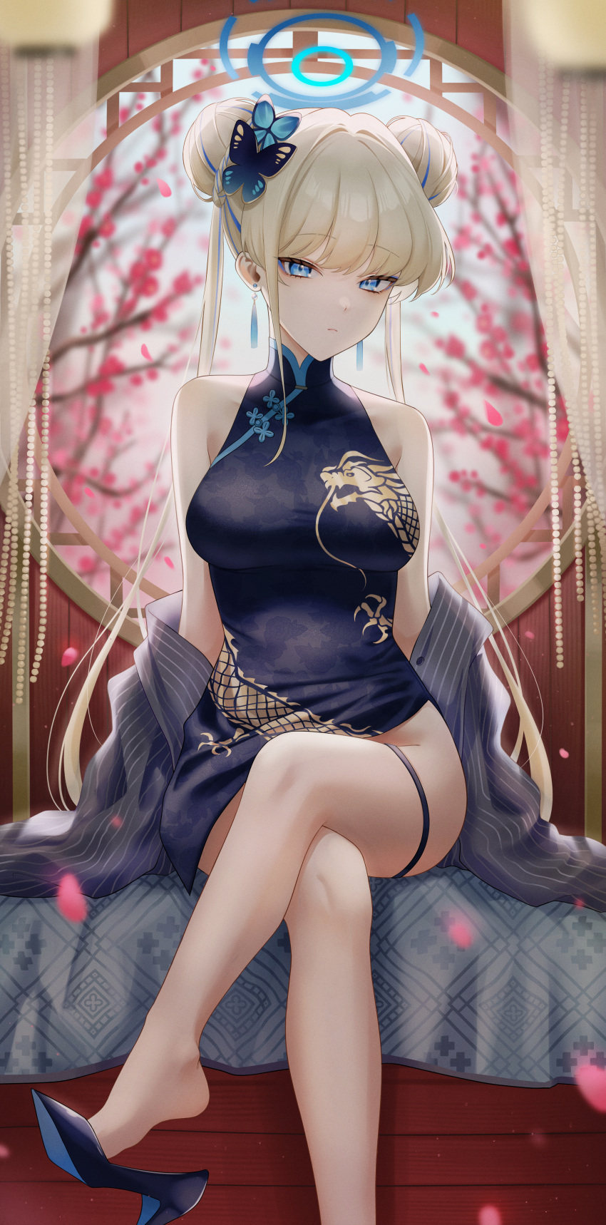 1girl absurdres blonde_hair blue_archive blue_eyes blue_halo butterfly_hair_ornament china_dress chinese_clothes dress earpiece gfpebs hair_ornament halo high_heels highres multicolored_hair tagme thigh_strap toki_(blue_archive)