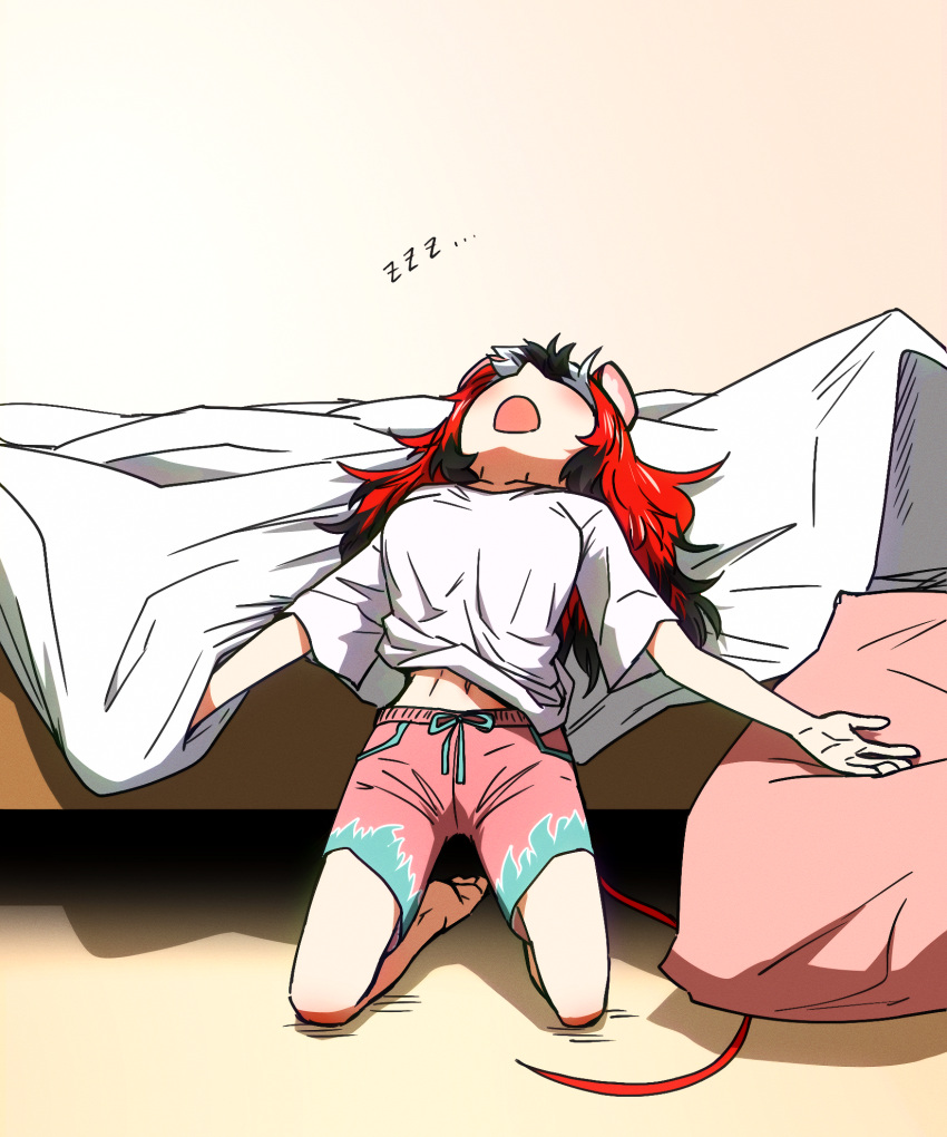 1girl animal_ears barefoot black_hair blush commentary ddolbang english_commentary hakos_baelz highres hololive hololive_english kneeling long_hair mouse_ears mouse_tail navel open_mouth outstretched_arms red_hair sleeping tail virtual_youtuber white_hair zzz