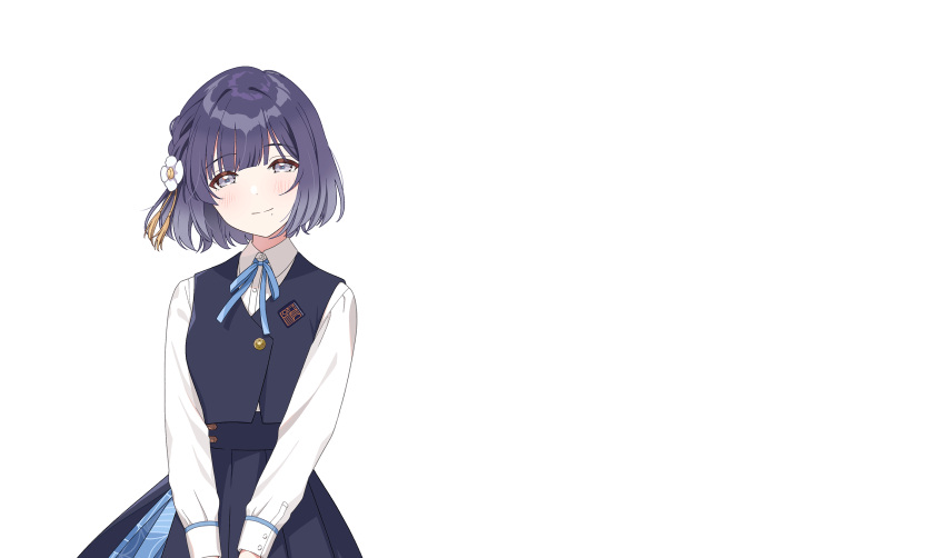 1girl artist_request black_overskirt black_vest blue_hair blue_ribbon blue_skirt blunt_bangs blush bob_cut braid closed_mouth collared_shirt dark_blue_hair dress_shirt flower gakuen_idolmaster gradient_hair grey_eyes grey_hair hair_flower hair_ornament half-closed_eyes hataya_misuzu highres idolmaster light_smile looking_at_viewer miniskirt mole mole_under_mouth multicolored_hair neck_ribbon official_art overskirt pleated_skirt ribbon shirt short_hair side_braid simple_background skirt solo split_mouth transparent_background upper_body v_arms vest white_flower white_shirt