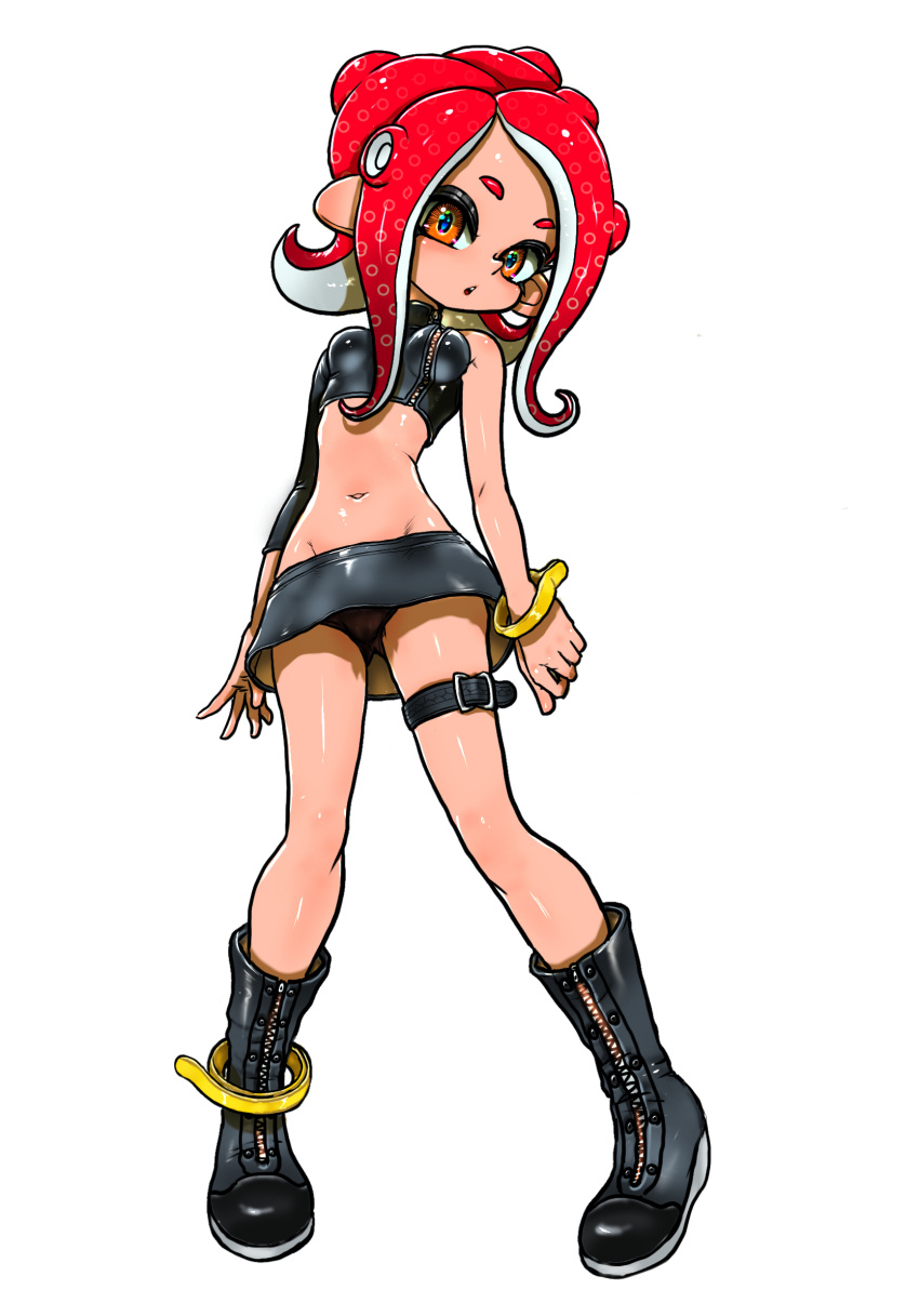 1girl agent_8_(splatoon) belt black_belt black_footwear black_shirt black_skirt blue_pupils boots breasts brown_panties cameltoe crop_top full_body groin highres koharu2.5 long_hair lowleg lowleg_skirt miniskirt navel octoling octoling_girl octoling_player_character open_mouth orange_eyes panties pantyshot red_hair shirt simple_background single_sleeve skirt small_breasts solo splatoon_(series) splatoon_2 splatoon_2:_octo_expansion suction_cups teeth tentacle_hair thigh_belt thigh_strap triangle_mouth turtleneck underwear upper_teeth_only white_background zipper