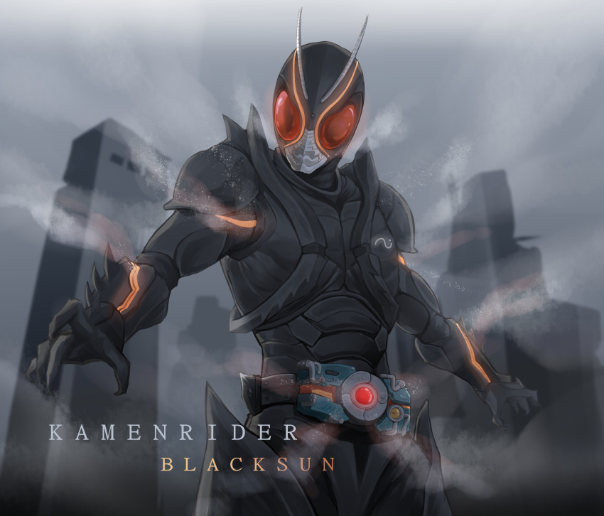 1boy absurdres antennae armor belt black_armor bug century_king_sun_driver character_name glowing glowing_eyes grasshopper highres kamen_rider kamen_rider_black_sun kamen_rider_black_sun_(character) kingstone kingstone_driver looking_at_viewer male_focus organic red_eyes rider_belt solo spiked_armor standing steam tokusatsu unique_(pixiv12704744) upper_body