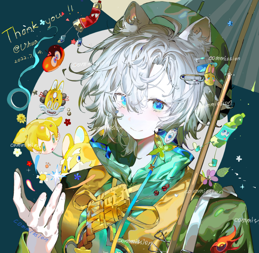 1boy ahoge animal_charm animal_ear_fluff animal_ears apple beret blue_background blue_eyes blue_umbrella cat_ears charm_(object) chinese_clothes chinese_commentary collared_shirt commentary_request commission dangle_earrings dated earrings eyelashes fingernails flower food fruit green_hat green_shirt green_sleeves hair_between_eyes hair_ornament hairclip hand_up hat high_collar highres holding holding_umbrella jewelry leaf long_sleeves looking_at_viewer male_focus oil-paper_umbrella open_clothes open_vest original paperclip parted_bangs paw_print purple_flower rabbit_hair_ornament red_flower sample_watermark shirt single_earring soda_bottle solo thank_you umbrella upper_body vest vihua6 watermark white_flower yellow_flower yellow_vest