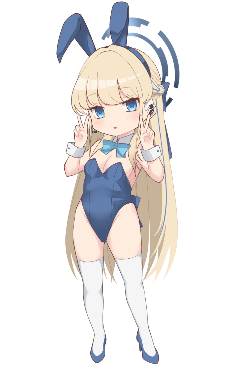 1girl animal_ears aqua_bow aqua_bowtie blue_archive blue_leotard blush bow bowtie breasts chibi detached_collar double_v earpiece expressionless fake_animal_ears full_body halo high_heels highleg highleg_leotard highres leotard looking_at_viewer parted_lips playboy_bunny rabbit_ears simple_background small_breasts soba_(sobaya1938) solo strapless strapless_leotard thighhighs toki_(blue_archive) toki_(bunny)_(blue_archive) v white_background white_thighhighs wrist_cuffs