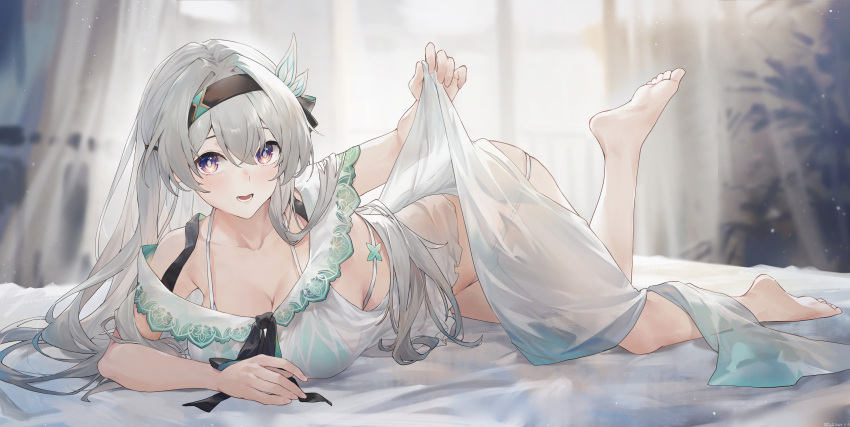 1girl absurdres alternate_costume barefoot black_hairband black_ribbon bra breasts cleavage collarbone commentary_request curtains firefly_(honkai:_star_rail) foot_up full_body green_bra grey_hair hairband highres holding_shawl honkai:_star_rail honkai_(series) indoors long_hair looking_at_viewer lying on_bed open_mouth panties purple_eyes ribbon see-through see-through_shirt shawl shirt single_bare_shoulder sleeveless sleeveless_shirt solo swkl:d underwear white_panties white_shawl white_shirt