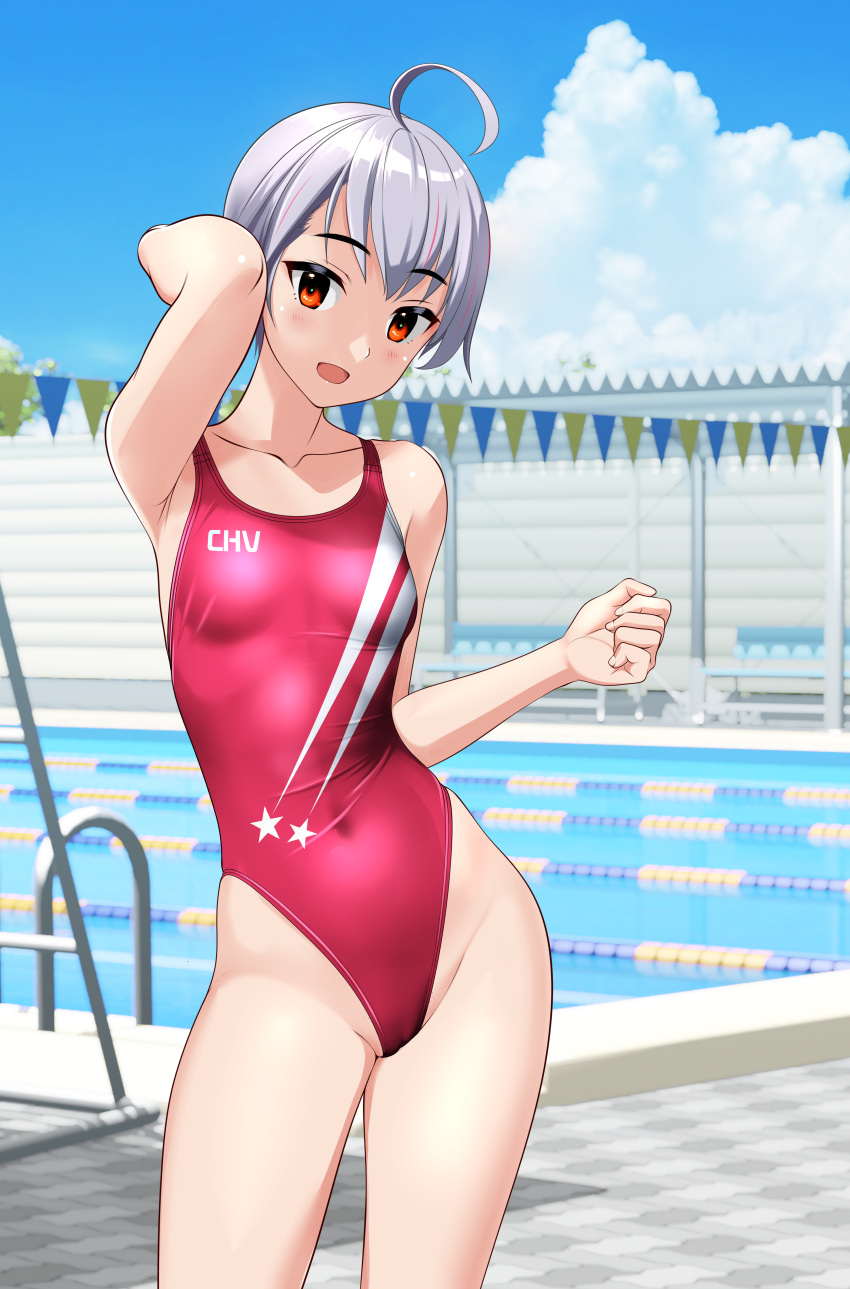 1girl absurdres ahoge blue_sky breasts clothes_writing cloud commentary_request competition_swimsuit contrapposto covered_navel day grey_hair highleg highleg_swimsuit highres lane_line one-piece_swimsuit original outdoors pool pool_ladder poolside red_eyes red_one-piece_swimsuit short_hair sky small_breasts smile solo string_of_flags swimsuit takafumi tomboy variant_set