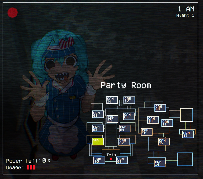 1girl black_eyes blue_dress blue_hair blue_hat commentary dress empty_eyes english_commentary five_nights_at_freddy's from_above full_body grey_background hair_between_eyes hair_intakes hat hatsune_miku highres long_hair looking_at_viewer medium_bangs mesmerizer_(vocaloid) open_mouth paper_chain puffy_short_sleeves puffy_sleeves security_camera sharp_teeth short_sleeves smile solo static striped_clothes striped_dress tchairss teeth tongue tongue_out twintails vertical-striped_clothes vertical-striped_dress visor_cap vocaloid waving