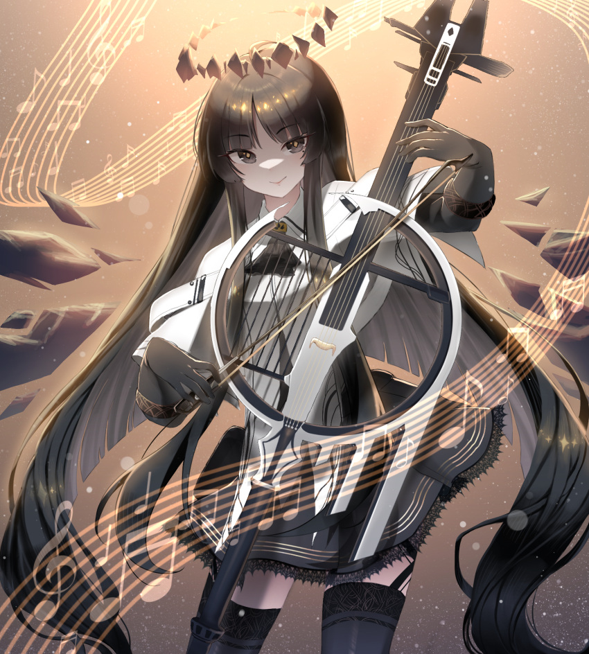 1girl arknights ascot black_ascot black_garter_straps black_gloves black_hair black_skirt black_thighhighs bow_(music) broken_halo brown_eyes brown_hair brown_halo brown_wings cello closed_mouth collared_jacket colored_inner_hair commentary contrapposto cowboy_shot dark_halo detached_wings diamond-shaped_pupils diamond_(shape) energy_wings eyelashes garter_straps gloves halo hands_up highres holding holding_bow_(music) holding_instrument instrument jacket lace-trimmed_skirt lace_trim layered_sleeves light_particles long_sleeves looking_at_viewer miniskirt mole mole_under_eye multicolored_hair music musical_note playing_instrument rinzy short-sleeved_jacket short_over_long_sleeves short_sleeves skirt smile solo staff_(music) standing strap symbol-shaped_pupils thighhighs two-tone_hair variant_set virtuosa_(arknights) white_jacket wide_sleeves wing_collar wings yellow_pupils