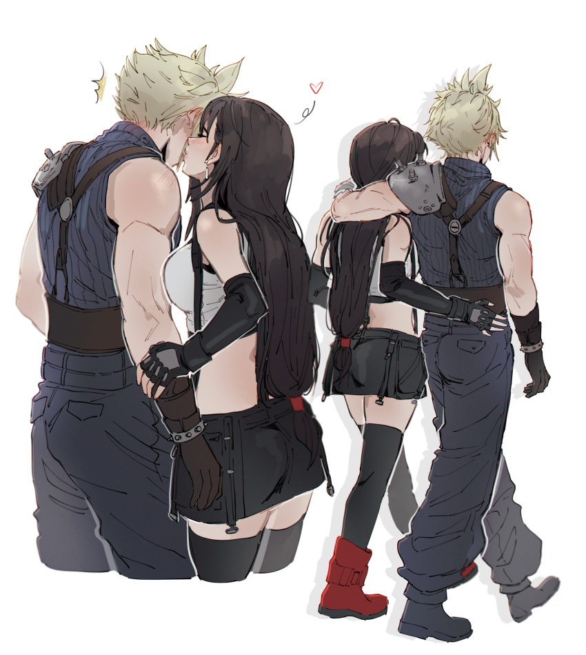 1boy 1girl arm_around_shoulder armor baggy_pants bare_shoulders black_footwear black_gloves black_hair black_skirt black_thighhighs blonde_hair blue_pants blue_sweater blush boots breasts closed_eyes cloud_strife commentary couple cowboy_shot crop_top cropped_legs ear_blush earrings elbow_gloves english_commentary facing_another final_fantasy final_fantasy_vii final_fantasy_vii_rebirth final_fantasy_vii_remake fingerless_gloves from_behind full_body gloves hand_on_another's_arm hand_on_another's_hip heart height_difference highres jewelry kiss kissing_cheek large_breasts long_hair low-tied_long_hair multiple_views pants pudelmudel red_footwear ribbed_sweater short_hair shoulder_armor simple_background single_bare_shoulder single_earring skirt sleeveless sleeveless_turtleneck spiked_hair suspender_skirt suspenders sweater tank_top teardrop_earrings thighhighs tifa_lockhart turtleneck turtleneck_sweater walking white_background white_tank_top zettai_ryouiki