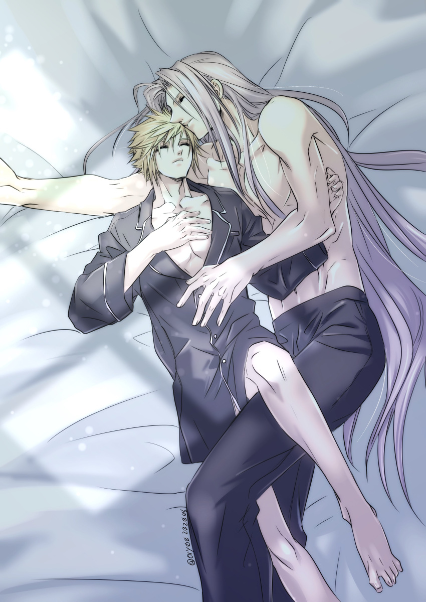 2boys absurdres aiz00 bare_pectorals barefoot bed black_pajamas black_pants black_shirt blonde_hair closed_eyes cloud_strife collarbone commentary_request cuddling evening final_fantasy final_fantasy_vii grey_hair hand_on_another's_chest hand_on_own_chest head_on_head head_rest highres leg_between_thighs long_hair lying male_focus multiple_boys no_pants on_back on_side open_clothes open_shirt pajamas pants parted_bangs parted_lips pectorals sephiroth shirt short_hair sleeping spiked_hair toned toned_male topless_male twitter_username very_long_hair window_shadow yaoi