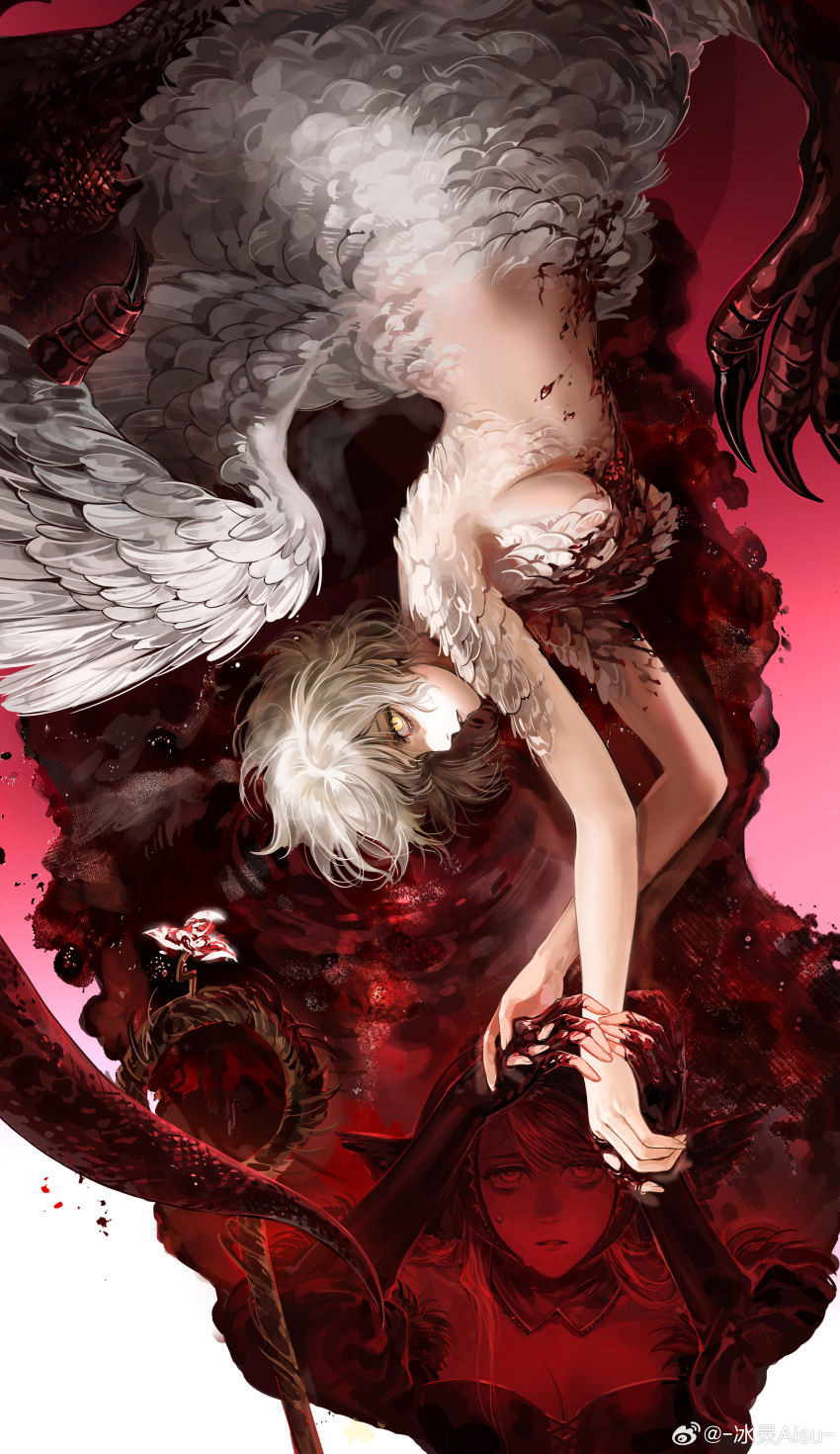 2girls absurdres ambrosia_(dungeon_meshi) bing_ling_aisu bird_wings blonde_hair blood blood_on_chest blood_on_hands breasts chinese_commentary claws commentary_request different_reflection dragon_tail dungeon_meshi expressionless falin_touden falin_touden_(chimera) feathered_wings gradient_background highres injury looking_at_another looking_at_viewer lying marcille_donato marcille_donato_(lord) monster_girl multiple_girls on_side pool_of_blood red_background reflection ripples scales short_hair slit_pupils staff tail taur through_medium two-tone_background weibo_logo weibo_watermark wings yellow_eyes