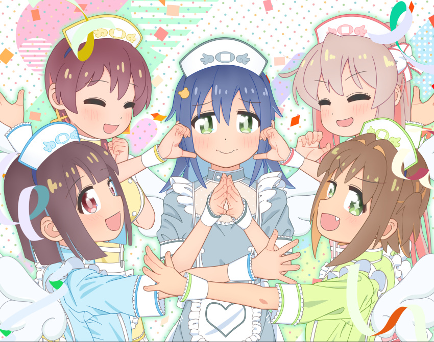 +_+ 5girls :d ^_^ alternate_costume angel_wings bare_arms blue_hair blunt_bangs blunt_ends brown_eyes brown_hair closed_eyes colored_inner_hair commentary confetti detached_wings fang green_eyes grey_hair hair_between_eyes hair_intakes hat highres hozuki_momiji kofumi_all long_sleeves looking_at_viewer multicolored_hair multiple_girls murosaki_miyo nurse nurse_cap oka_asahi onii-chan_wa_oshimai! open_mouth orange_hair own_hands_together oyama_mahiro pink_hair red_hair short_hair short_sleeves smile steepled_fingers streamers tenkawa_nayuta two-tone_hair wings wrist_cuffs