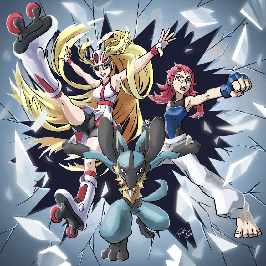 2girls bandaid bandaid_on_face bandaid_on_nose barefoot bike_shorts blonde_hair breasts cabonara_artblock fingerless_gloves gloves highres inline_skates korrina_(pokemon) lucario maylene_(pokemon) multiple_girls open_mouth pink_hair pokemon pokemon_(creature) pokemon_dppt pokemon_xy ponytail roller_skates signature skates small_breasts tail