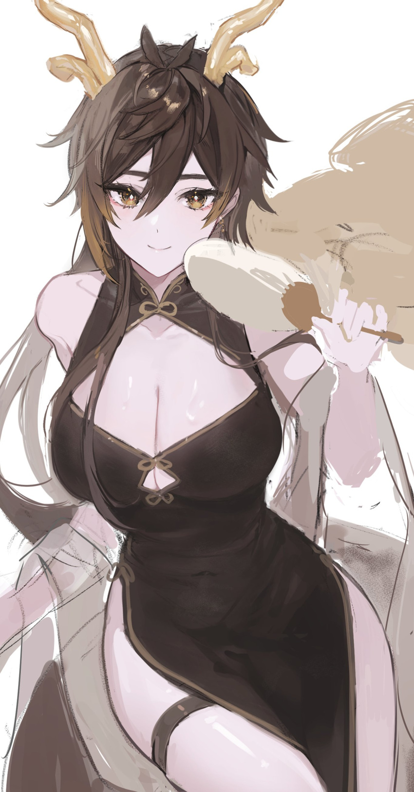 1girl absurdres black_dress breasts brown_eyes brown_hair china_dress chinese_clothes cleavage cleavage_cutout clothing_cutout dragon_girl dragon_horns dress genderswap genderswap_(mtf) genshin_impact gradient_hair hair_between_eyes hand_fan highres horns large_breasts long_hair looking_at_viewer multicolored_hair mup534 pelvic_curtain simple_background smile solo thigh_strap white_background zhongli_(genshin_impact)