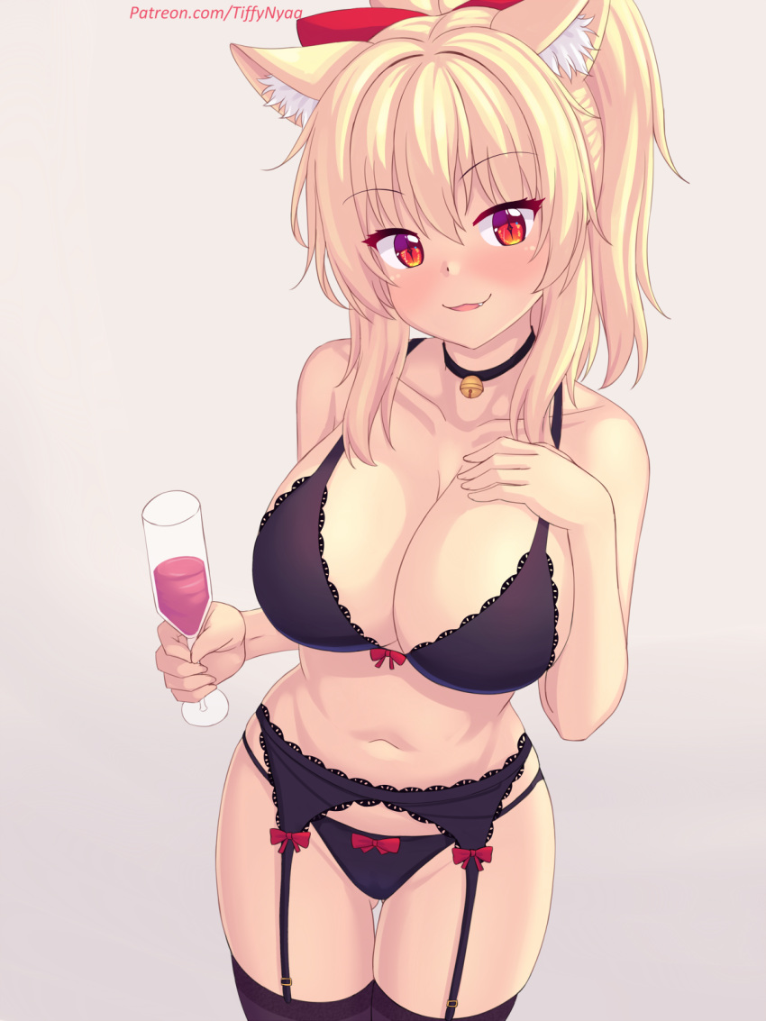 1girl animal_ear_fluff animal_ears bell black_bra black_choker black_garter_belt black_panties black_thighhighs blonde_hair blush bra breasts cat_ears cat_girl choker cup drinking_glass english_commentary fang garter_belt grey_background highres holding holding_cup large_breasts long_hair looking_at_viewer navel neck_bell nottytiffy original panties ponytail red_eyes slit_pupils solo thighhighs tiffy_(nottytiffy) underwear web_address