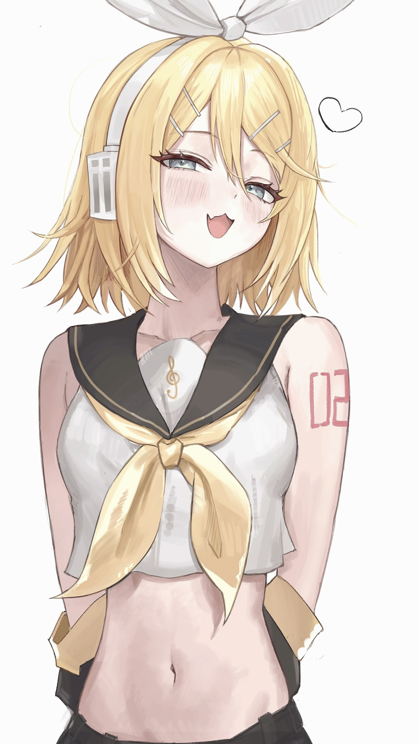 1girl :3 arms_behind_back blonde_hair blue_eyes blush bow crop_top elpuchi fang hair_ornament hairclip half-closed_eyes headphones heart highres kagamine_rin looking_at_viewer midriff navel neckerchief open_mouth sailor_collar shirt short_hair sleeveless sleeveless_shirt smile solo vocaloid