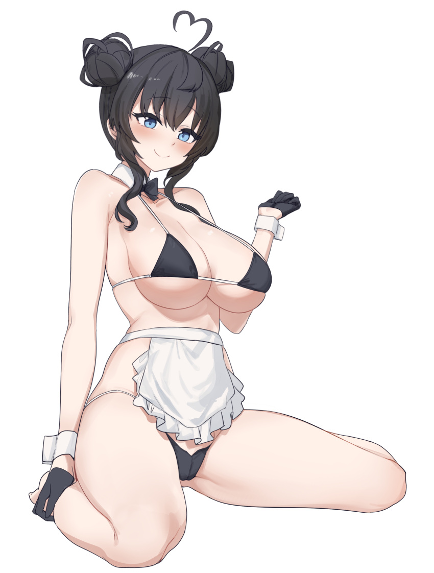 1girl absurdres ahoge aningay apron bare_arms bare_legs bare_shoulders barefoot bikini black_bikini black_gloves black_hair blue_eyes blush breasts closed_mouth collarbone double_bun frilled_apron frills full_body gloves hair_bun half_gloves highres large_breasts original sidelocks simple_background sitting smile solo swimsuit waist_apron wariza white_apron white_background wrist_cuffs