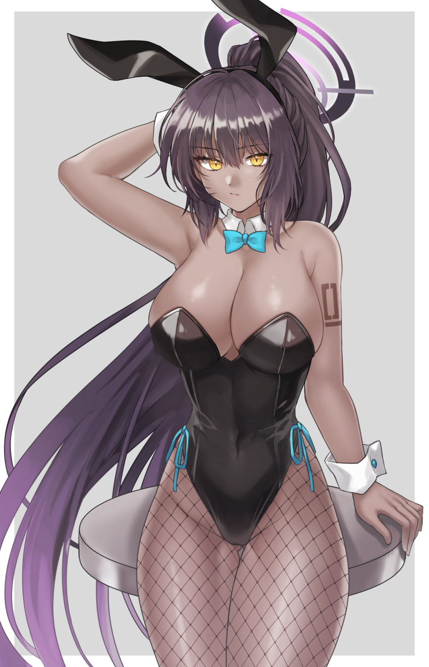 1girl absurdres animal_ears arm_behind_head bare_shoulders black_hair black_leotard blue_archive blue_bow blue_bowtie bow bowtie breasts cleavage dark-skinned_female dark_skin detached_collar fake_animal_ears fishnet_pantyhose fishnets grey_background hazuki_(nyorosuke) highleg highleg_leotard highres huge_breasts karin_(blue_archive) karin_(bunny)_(blue_archive) large_breasts leotard long_hair looking_at_viewer number_tattoo official_alternate_costume pantyhose playboy_bunny rabbit_ears simple_background solo strapless strapless_leotard tattoo traditional_bowtie