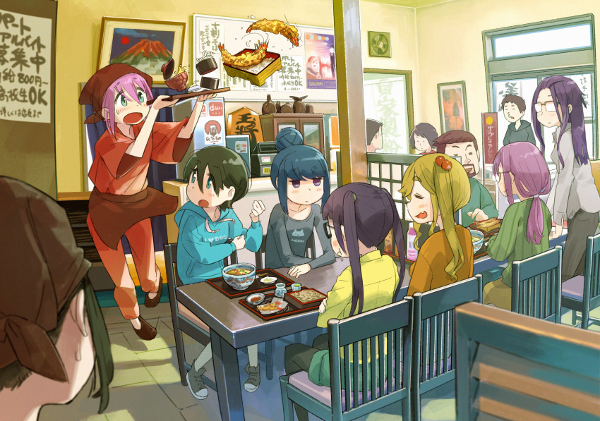 6+girls bangs blue_eyes blue_hair bowl brown_hair chair chopsticks closed_eyes closed_mouth dodging drooling eyebrows_visible_through_hair eyes_visible_through_hair facial_hair falling food glasses green_hair hair_bun hair_ornament highres inuyama_aoi kagamihara_nadeshiko kagamihara_sakura kagamihara_shizuka kagamihara_shuuichirou long_hair long_sleeves minawa multiple_girls mustache noodles oogaki_chiaki open_mouth painting_(object) pink_hair ponytail poster_(object) prawn purple_eyes purple_hair restaurant saitou_ena saliva shima_rin shirt sitting smile smirk soba soup splatter standing staring sweatdrop sweater t-shirt table translation_request tray tripping twintails yurucamp